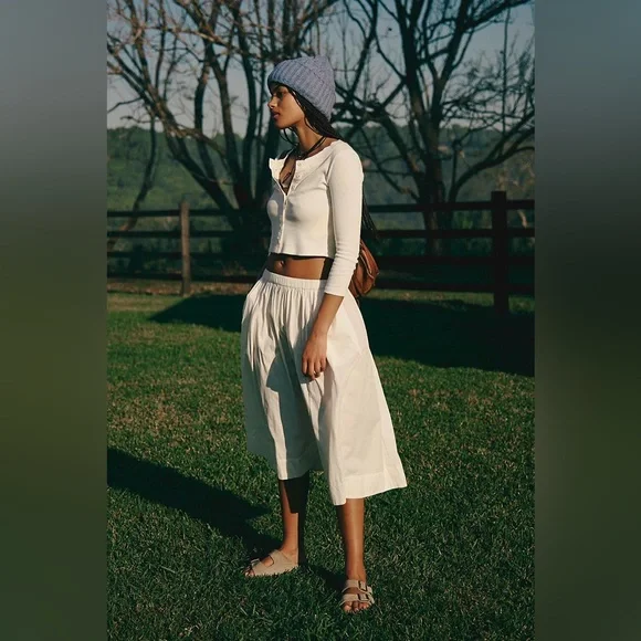 Free People Perfect Tones Set with Midi Skirt and Button Up Cardigan in Ivory - Picture 4 of 12